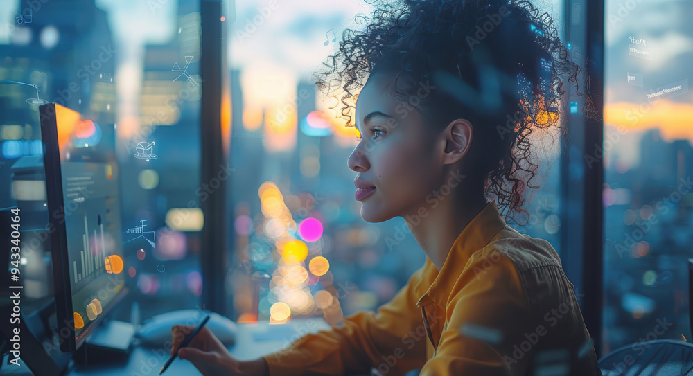 Diverse employees collaborating in a busy urban office with a city skyline view at sunset Diverse employees collaborating in a busy urban office with a city skyline view at sunset
