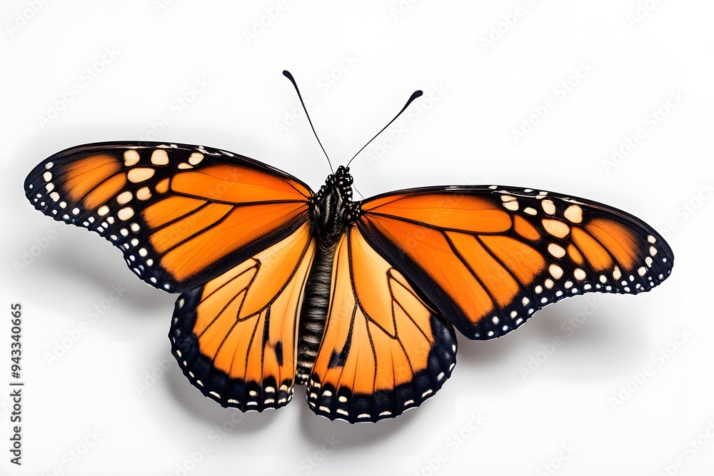 Fototapeta premium A vibrant monarch butterfly with detailed wings resting on a white background, AI Generated