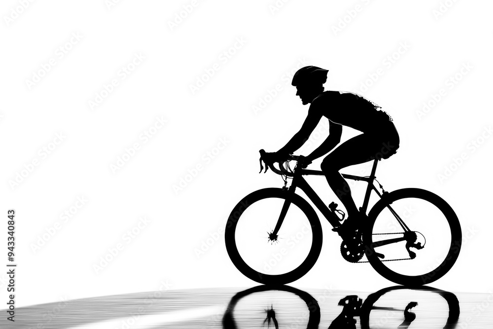Obraz premium Black silhouette of a cyclist navigating through city traffic on a white background.