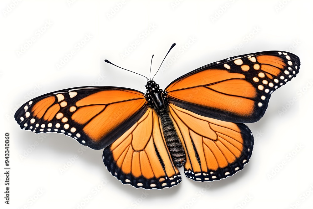 Obraz premium A vibrant monarch butterfly with detailed wings resting on a white background, AI Generated