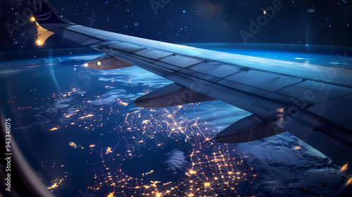Nighttime Airplane Window View: Capturing City Lights and Starry Skies from Above