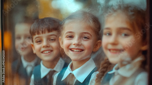 A group of happy children in school uniforms smiling warmly, creating a sense of unity and friendship. The soft focus and natural lighting. AI-generated high resolution stock photo. 