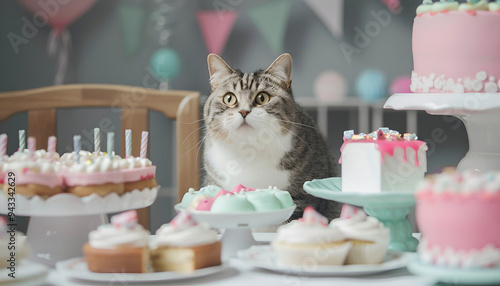 An illustration of a happy cat on his birthday. 