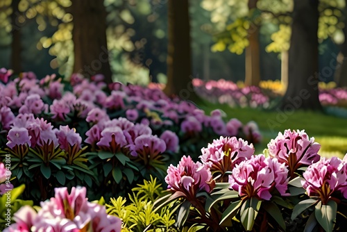 Flowering rhododendrons in a park in Kromlau, Saxony, Germany. Generative AI photo