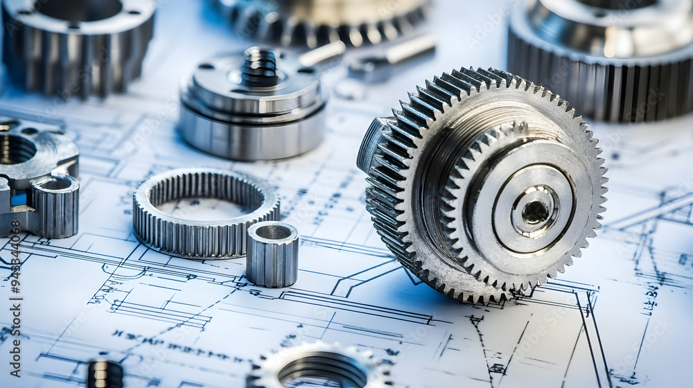 Intricate metal gears and mechanical components placed on detailed technical blueprints of machinery Intricate metal gears and mechanical components placed on detailed technical blueprints of machinery