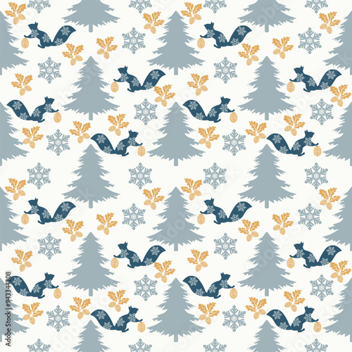 Squirrel seamless pattern silhouette style with trees and snowflakes