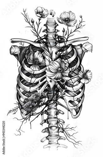 The monochrome tattoo creatively combines a ribcage and blooming flowers, merging anatomy and nature in a unique artistic representation, showcasing a blend of bones and botanical elements