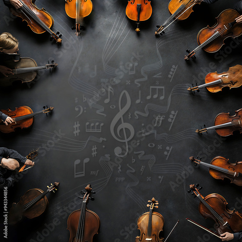 Flatlay, musical instruments in orchestra, top view photo