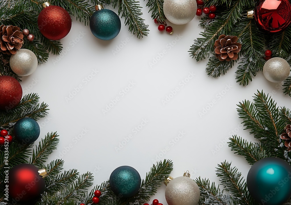 Christmas flatlay with fir branches and toys Christmas flatlay with fir branches and toys