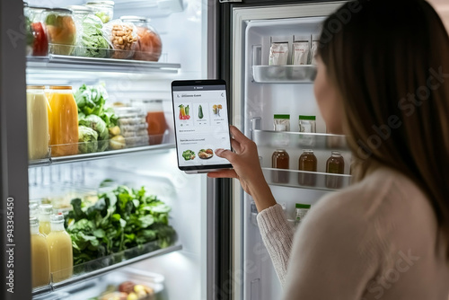 An AI-based shopping assistant in a smart fridge, automatically restocking groceries, suggesting meal plans, and tracking expiration dates, all through a sleek, user-friendly interface photo