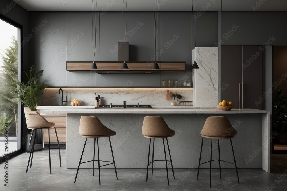 Minimalist Kitchen with Four Bar Stools and a Marble Countertop Minimalist Kitchen with Four Bar Stools and a Marble Countertop