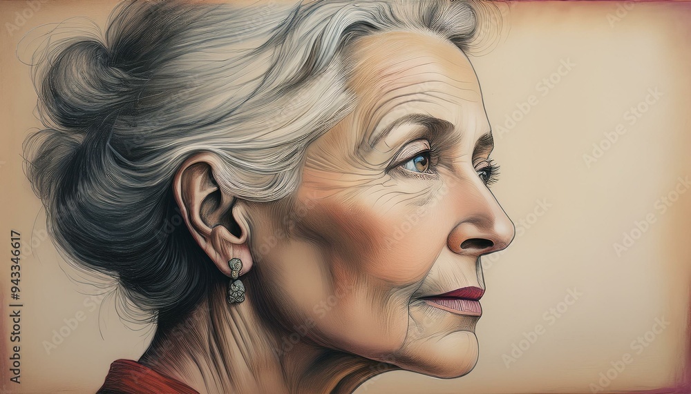 Fototapeta premium Retro portrait of an elderly woman, pencil drawing with color, closeup.