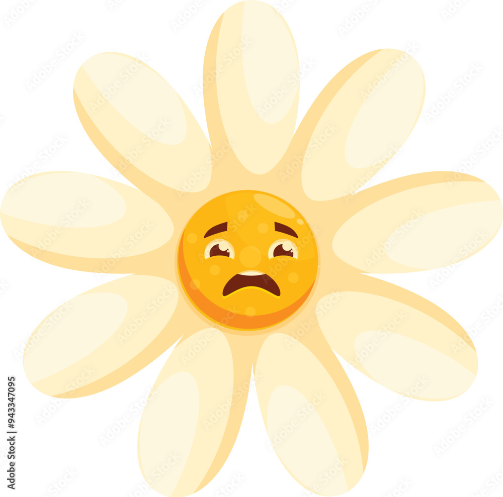 Cartoon daisy flower character with a sad facial expression showing disappointment Cartoon daisy flower character with a sad facial expression showing disappointment