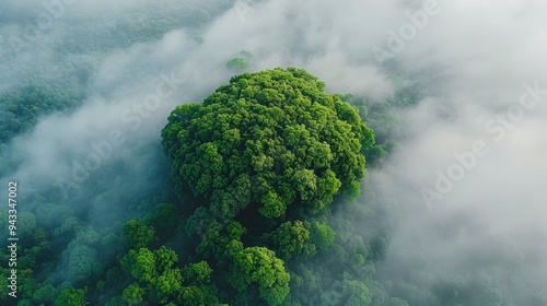 Lush green forest surrounded by mist photo