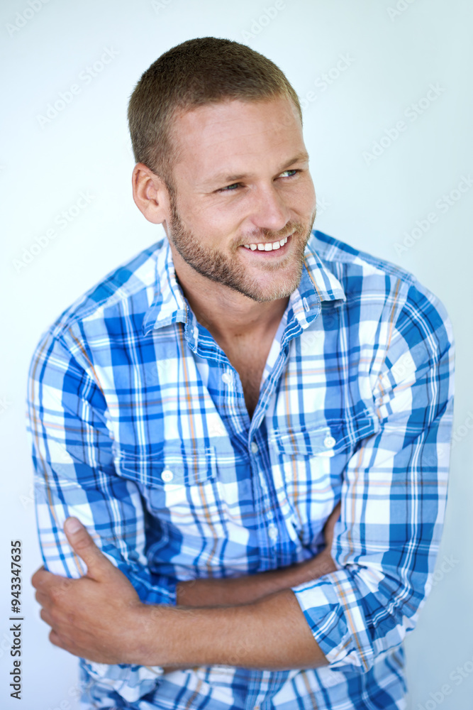 Man, arms crossed and thinking in studio with smile, memory and perspective with fashion by white background. Person, model and trendy with shirt, clothes and happy with reflection in Australia