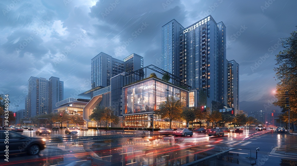 Fototapeta premium Commercial city advertising material images. A vivid display of diverse advertising elements in a bustling cityscape, highlighting the dynamic nature of urban marketing and promotion.