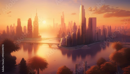 City Skyline with Skyscrapers, River, and Sunset Illustration