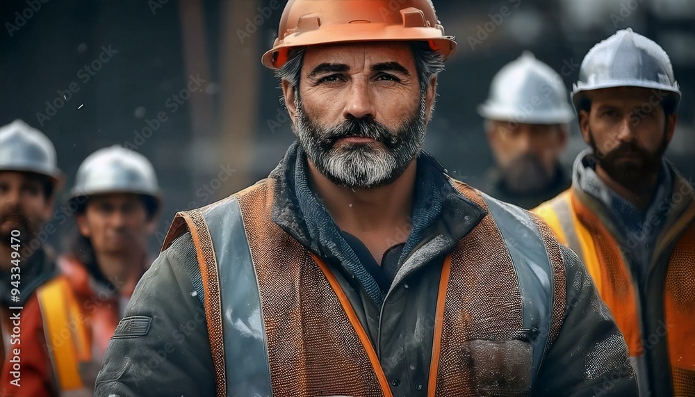 A smiling male construction worker in a yellow hard hat and reflective vest stands with arms crossed at a busy site, with colleagues in the background. A smiling male construction worker in a yellow hard hat and reflective vest stands with arms crossed at a busy site, with colleagues in the background.