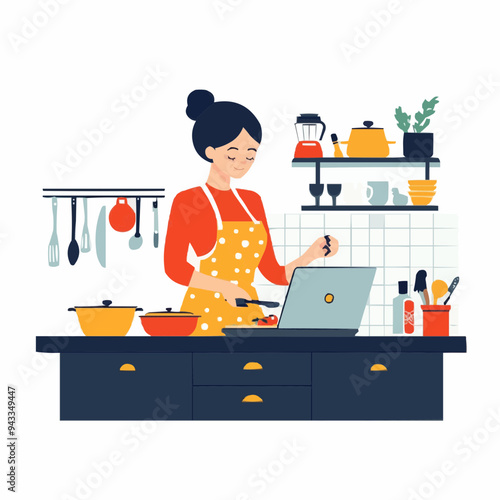 A woman cooking in a kitchen while using a laptop.