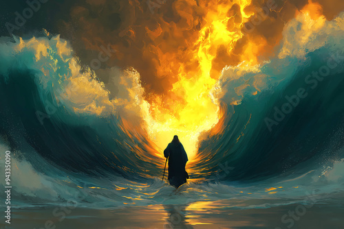 hebrew prophet moses splitting, crossing or parting the sea after the exodus of the israelites, biblical illustration