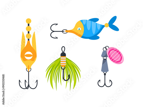 Different types and shapes of fishing lures with sharp hooks, for catching fish in freshwater or saltwater