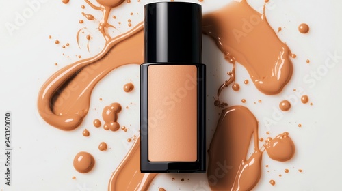 Dynamic shot of a foundation concealer bottle surrounded by splashes of liquid cream, emphasizing the fluid and blendable formula photo