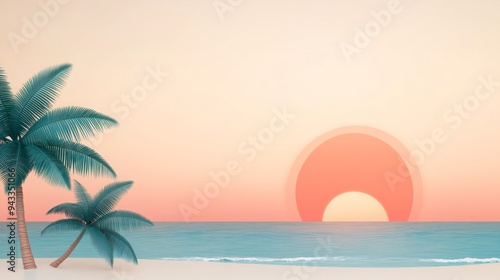 Serene Beach Sunset, tranquil ocean waves gently lapping the shore, silhouetted palm trees against a vibrant sky, warm golden hues creating a peaceful atmosphere