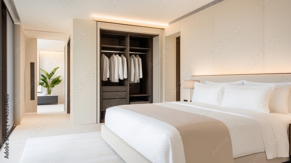 A luxurious master bedroom with a king-sized bed, walk-in closet, and en-suite bathroom A luxurious master bedroom with a king-sized bed, walk-in closet, and en-suite bathroom