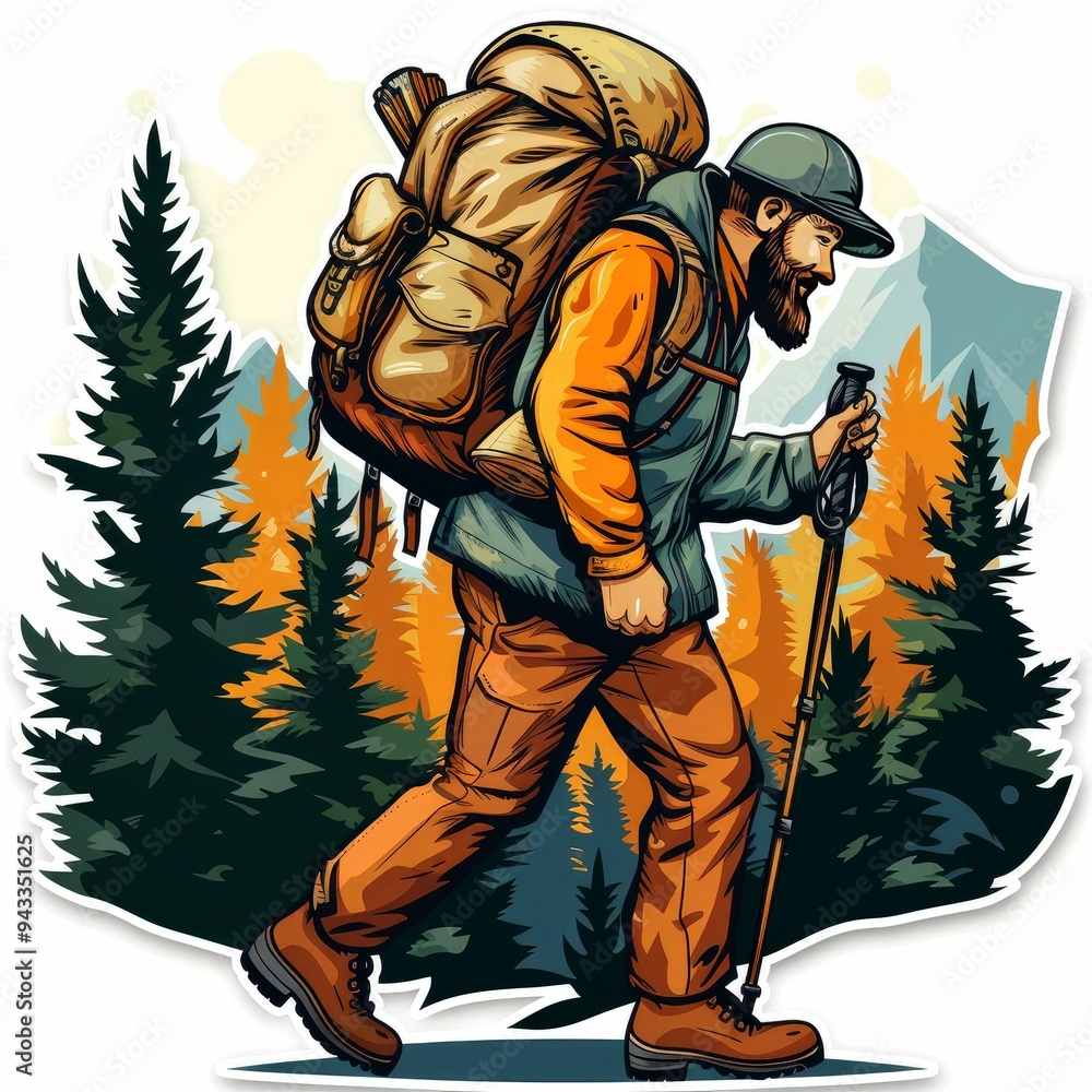 Bearded Man Hiking Through a Forest with Backpack and Trekking Pole Bearded Man Hiking Through a Forest with Backpack and Trekking Pole