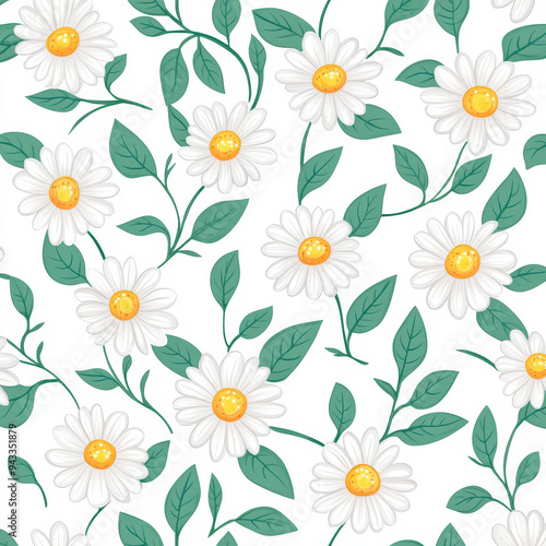 Seamless, Daisy pattern, Hand-drawn daisies, Minimalist design, Green leaves, Realistic colors, Simple drawing, White background, Negative space, Decorative design, Vector pattern, Nature inspired,