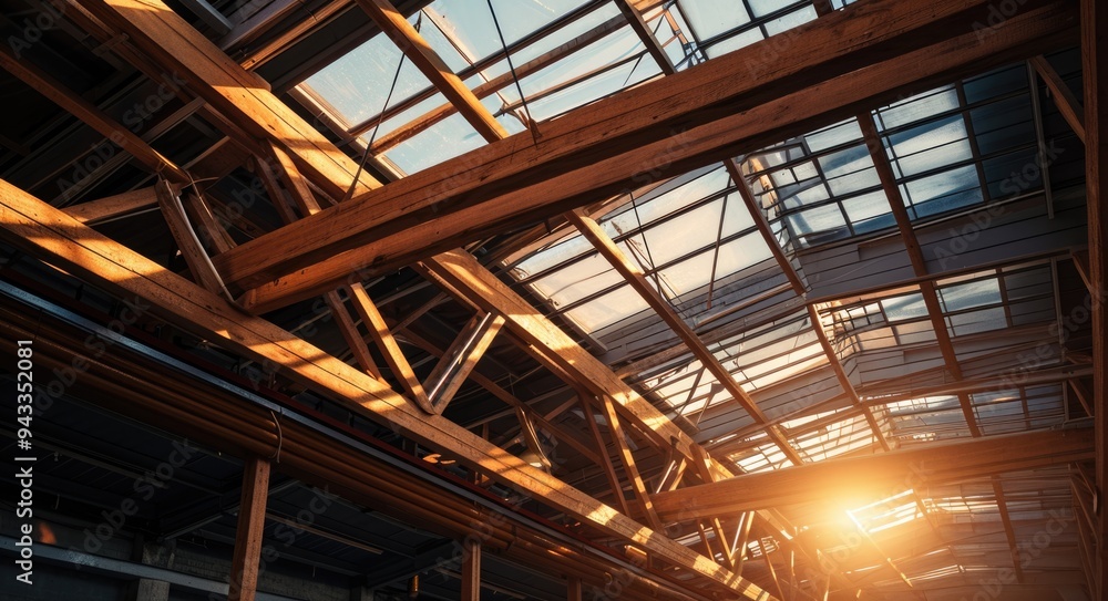 Industrial Architecture: Wooden Beams on Steel Structure for Construction Industrial Architecture: Wooden Beams on Steel Structure for Construction
