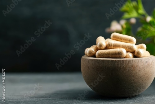 Wooden bowl filled with herbal capsules on a dark background with green foliage suitable for wellness, natural medicine, alternative treatments, and dietary supplement advertising, photo