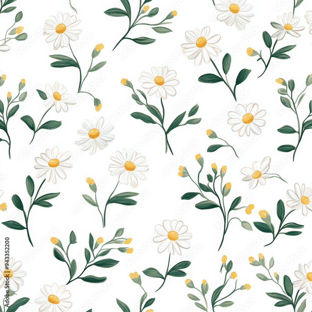 Seamless, Daisy pattern, Hand-drawn daisies, Minimalist design, Green leaves, Realistic colors, Simple drawing, White background, Negative space, Decorative design, Vector pattern, Nature inspired, De Seamless, Daisy pattern, Hand-drawn daisies, Minimalist design, Green leaves, Realistic colors, Simple drawing, White background, Negative space, Decorative design, Vector pattern, Nature inspired, De