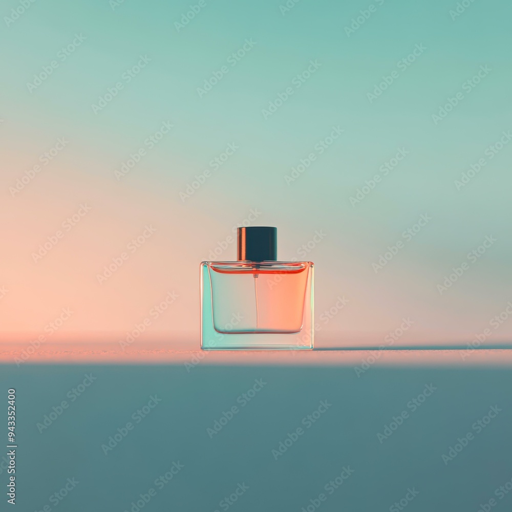 A sleek glass perfume bottle is centered against a gradient background, blending pastel blue and coral, Ideal for beauty product promotions, advertisements, and branding, A sleek glass perfume bottle is centered against a gradient background, blending pastel blue and coral, Ideal for beauty product promotions, advertisements, and branding,