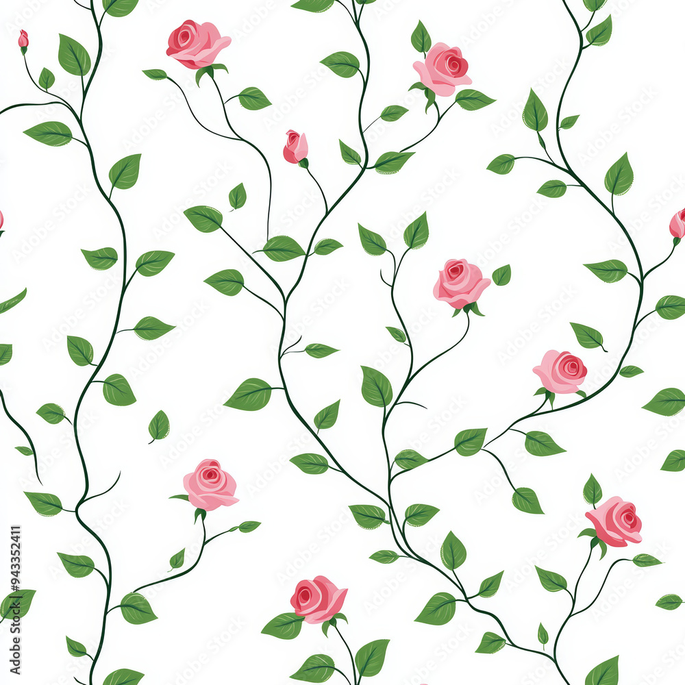 Seamless, Rose pattern, Hand-drawn roses, Minimalist design, Green leaves, Realistic colors, Simple drawing, White background, Negative space, Decorative design, Vector pattern, Nature inspired, Delic Seamless, Rose pattern, Hand-drawn roses, Minimalist design, Green leaves, Realistic colors, Simple drawing, White background, Negative space, Decorative design, Vector pattern, Nature inspired, Delic