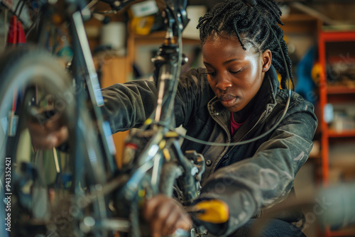 young woman of African-American origin is fixing a bicycle in a biocycle workshop. photo