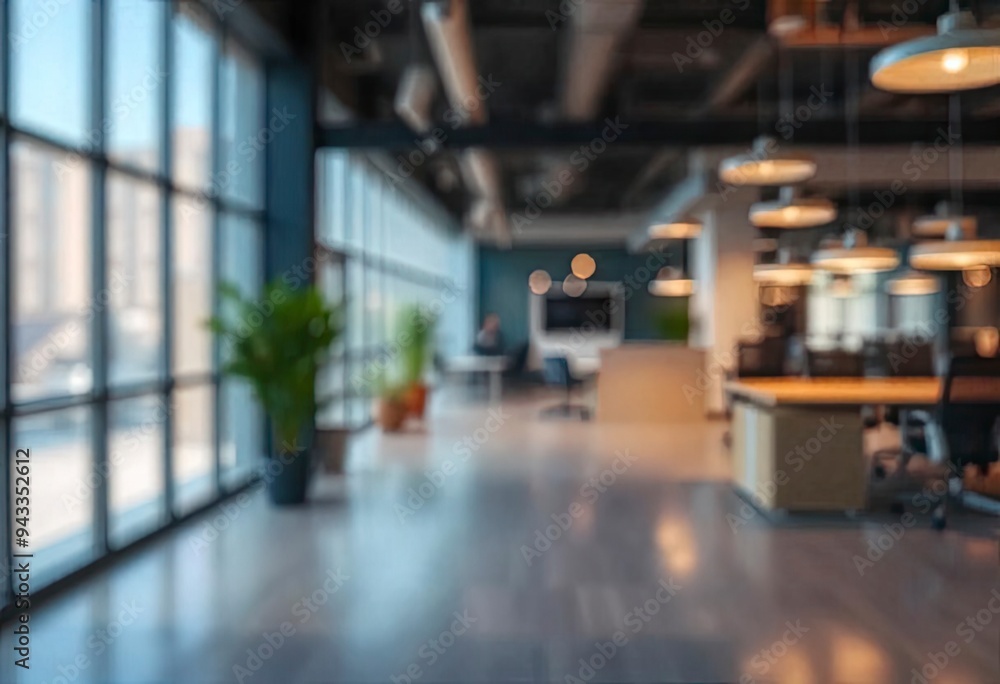 Blurred empty open space office. Abstract light bokeh at office interior background for design, ai Blurred empty open space office. Abstract light bokeh at office interior background for design, ai