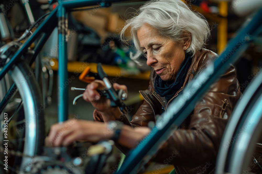 older woman working on bicycle repairs in the workshop older woman working on bicycle repairs in the workshop