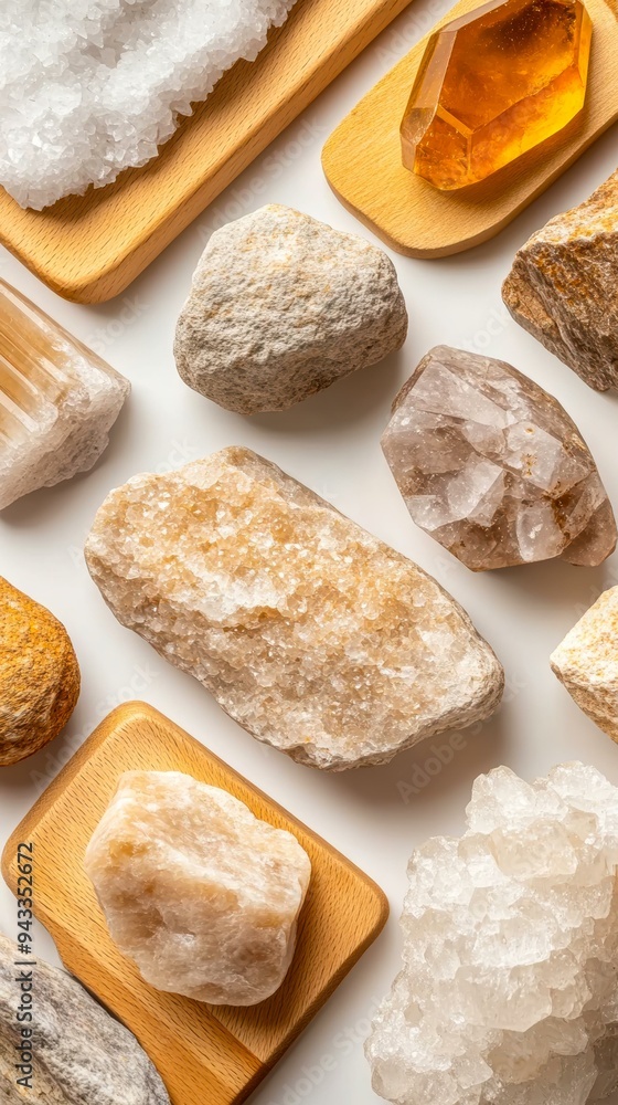 Various crystals and raw stones placed on wooden boards and a white background, highlighting their textures and natural beauty ideal for articles on geology, minerals, natural healing Various crystals and raw stones placed on wooden boards and a white background, highlighting their textures and natural beauty ideal for articles on geology, minerals, natural healing