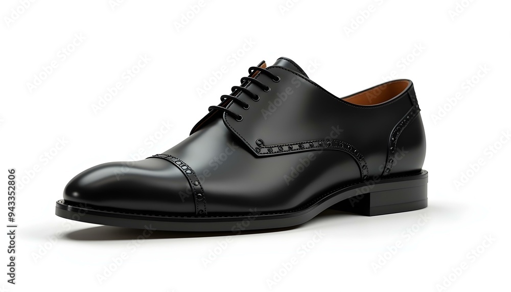 A black leather dress shoe with laces on white background, black shoes, shoes on white background A black leather dress shoe with laces on white background, black shoes, shoes on white background