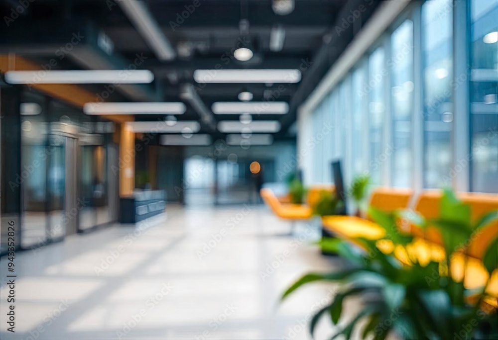 Blurred empty open space office. Abstract light bokeh at office interior background for design, ai Blurred empty open space office. Abstract light bokeh at office interior background for design, ai