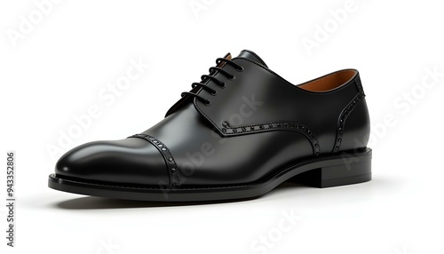 A black leather dress shoe with laces on white background, black shoes, shoes on white background