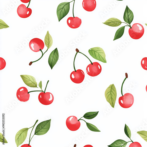 Seamless, Cherry pattern, Hand-drawn cherries, Minimalist design, Green leaves, Realistic colors, Simple drawing, White background, Negative space, Decorative design, Vector pattern, Nature inspired, 