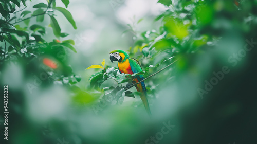 A colorful parrot is perched on a tree branch in a lush green forest