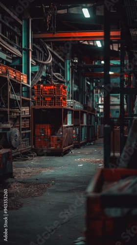 A long, narrow aisle in a large warehouse is lined with metal shelving units, some filled with red plastic crates. The aisle is lit by overhead fluorescent lights