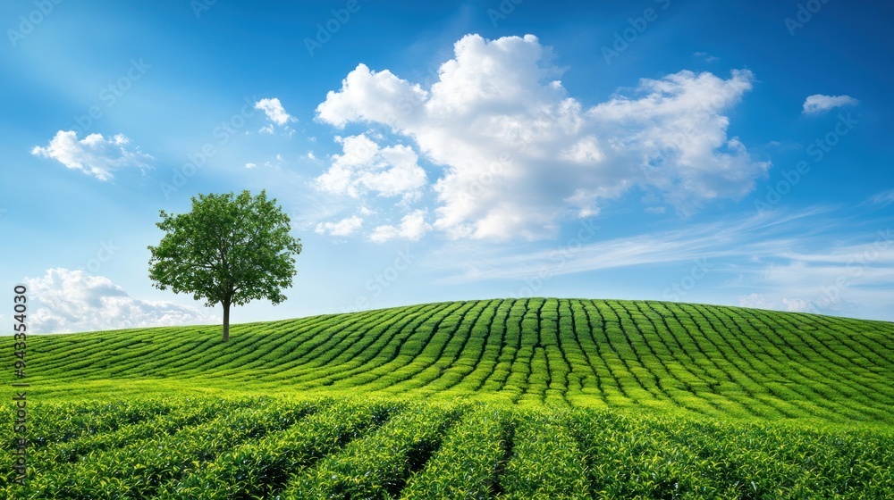 Serene Green Tea Plantation Under a Blue Sky Serene Green Tea Plantation Under a Blue Sky