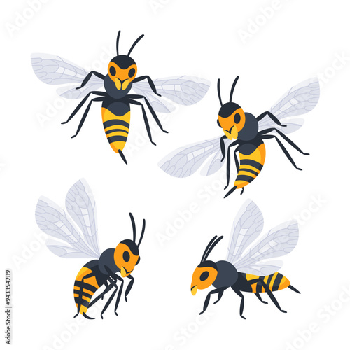 Four different cartoon style wasps flying and crawling with spread wings in different positions