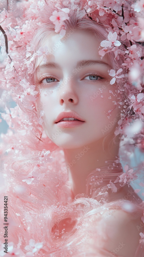 Enchanting Sakura Fairy: Young woman with blooming sakura hair in dreamy pastel portrait with swirling petals. Enchanting Sakura Fairy: Young woman with blooming sakura hair in dreamy pastel portrait with swirling petals.