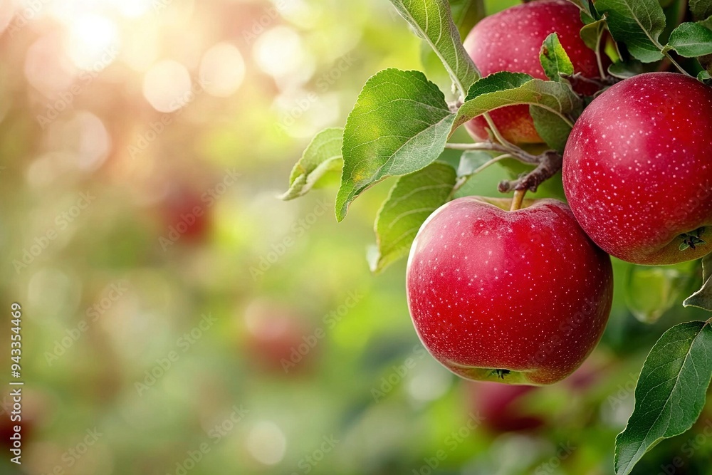 Red apples on tree ready to be harvested. Ripe red apple fruits in apple orchard. Selective focus. Generative Ai