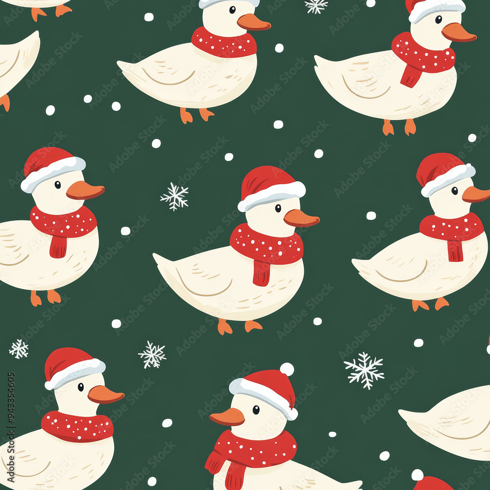 Seamless, Christmas pattern, Hand-drawn call ducks, Festive colors, Minimalist design, Cute ducks, Red, Green, White, Christmas theme, Simple drawing, White background, Negative space, Seamless, Christmas pattern, Hand-drawn call ducks, Festive colors, Minimalist design, Cute ducks, Red, Green, White, Christmas theme, Simple drawing, White background, Negative space,